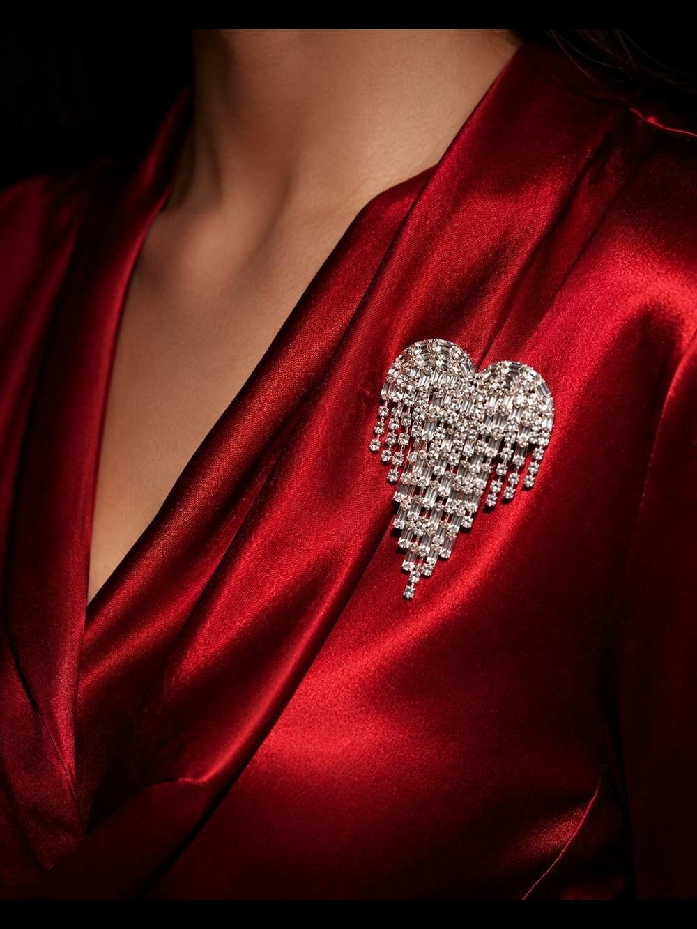 Silver Heart Crystal Tassel Brooch